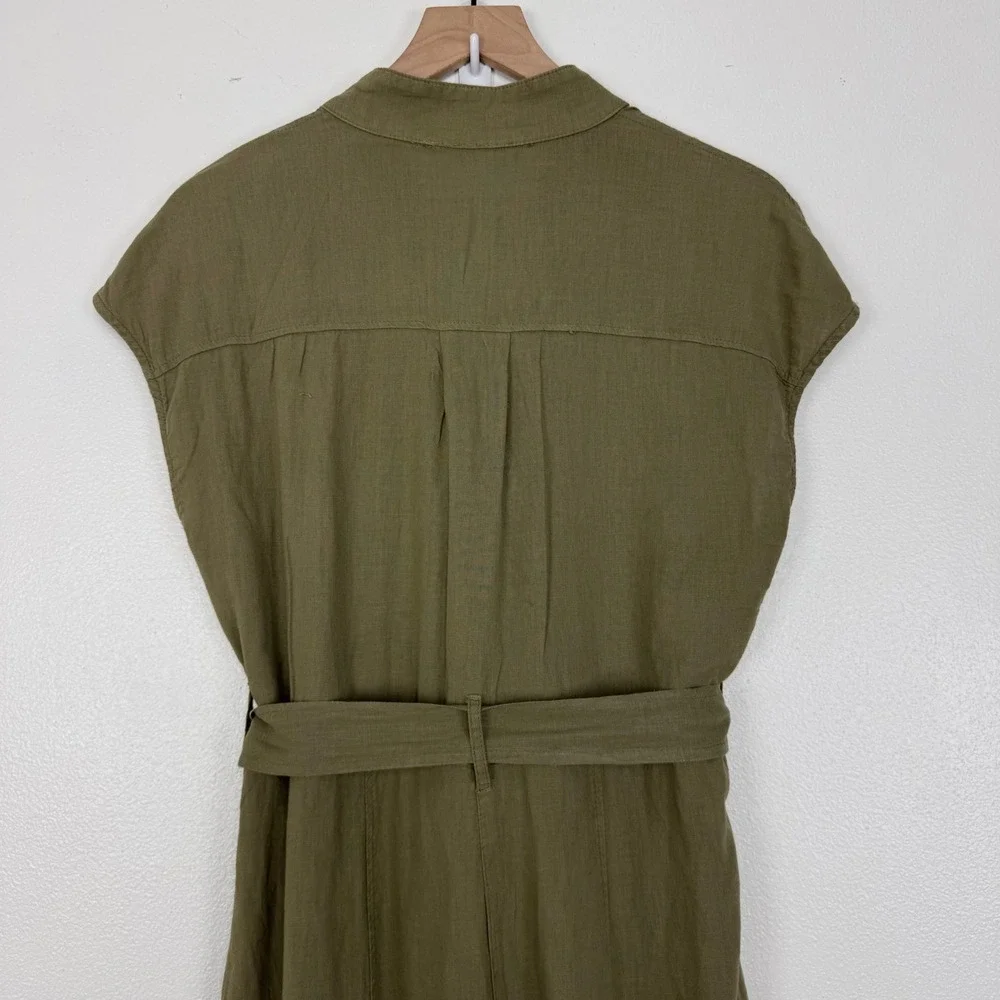 Zara Utility Jumpsuit Women L Olive Green Linen Blend Belted Short Sleeve Safari